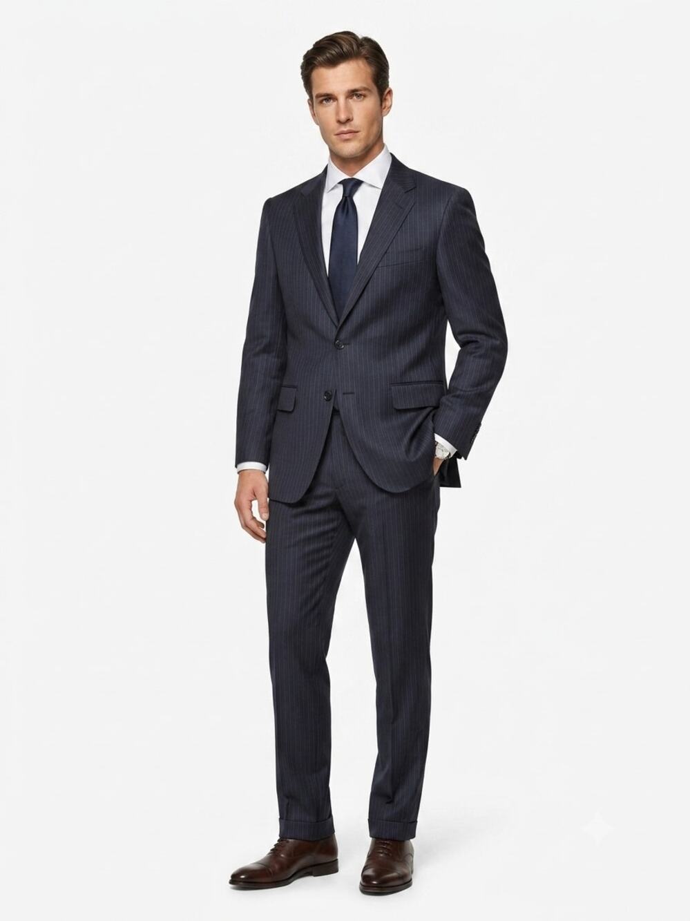 Hickey Freeman 2 Piece Suit Mens 42R 36x33 Navy Stripe Worsted Wool USA Formal